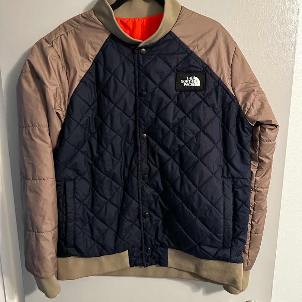 The North Face Quilted Blue and Tan Bomber Jacket